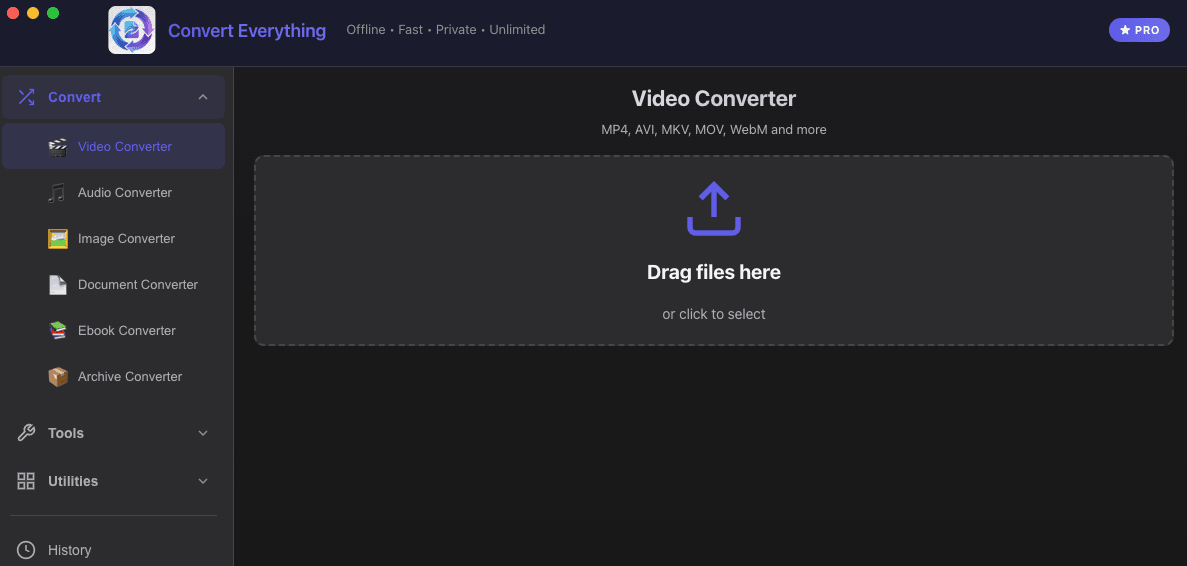 Offline Converter for Mac app interface — drag and drop video, audio, image, PDF and RAW files to convert offline on macOS, no cloud upload