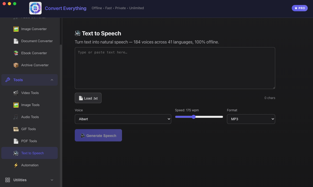 Text to speech on Mac — natural voices, 100% offline Text to speech on Mac offline — turn text into natural speech with built-in macOS voices, choose voice, speed and MP3 output, 100% offline
